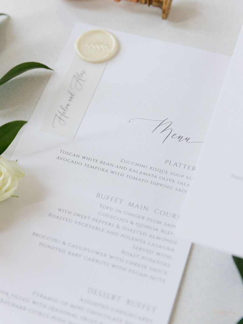 Classic Wedding Menu Cards with Guest Names & Wax Seal