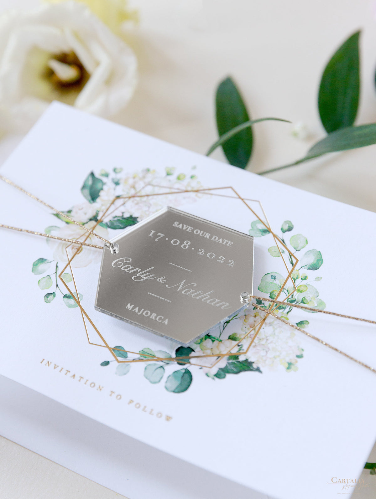 Espejo Plexi hexagonal moderno ahorra los imanes de fecha | Invitación de boda | Oro plata