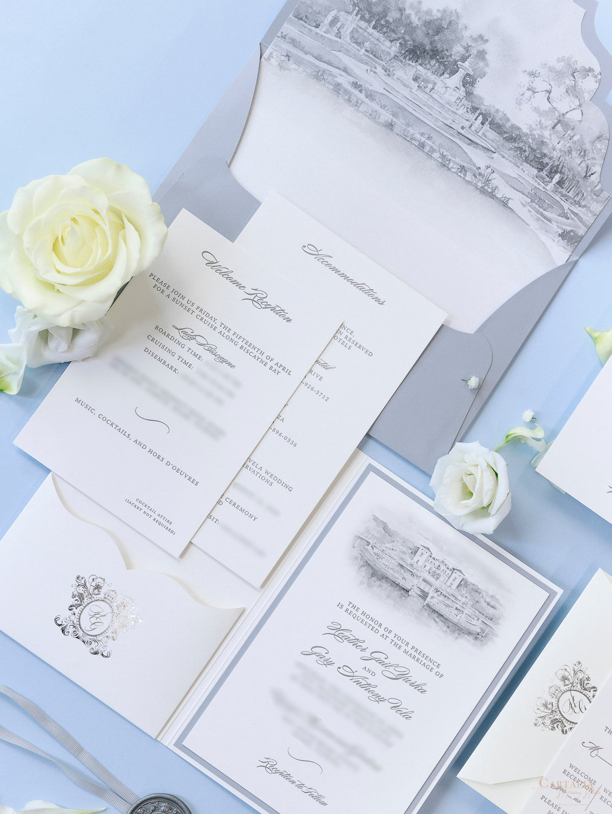 Vizcaya Museum & Gardens | VENUE | Luxury  Letterpress Folder Pocket Invitation Suite Tied Ribbon | SAMPLE