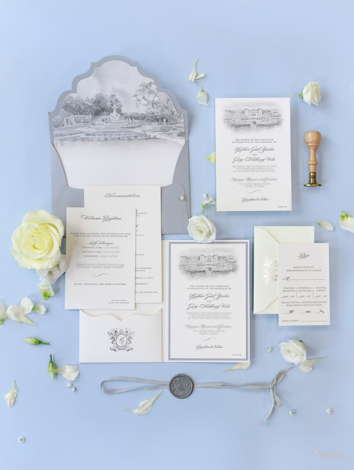 Vizcaya Museum & Gardens | VENUE | Luxury  Letterpress Folder Pocket Invitation Suite Tied Ribbon | SAMPLE