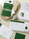 Green Passport Wedding Invitation with Shimmering Foil + Boarding Pass Style Rsvp