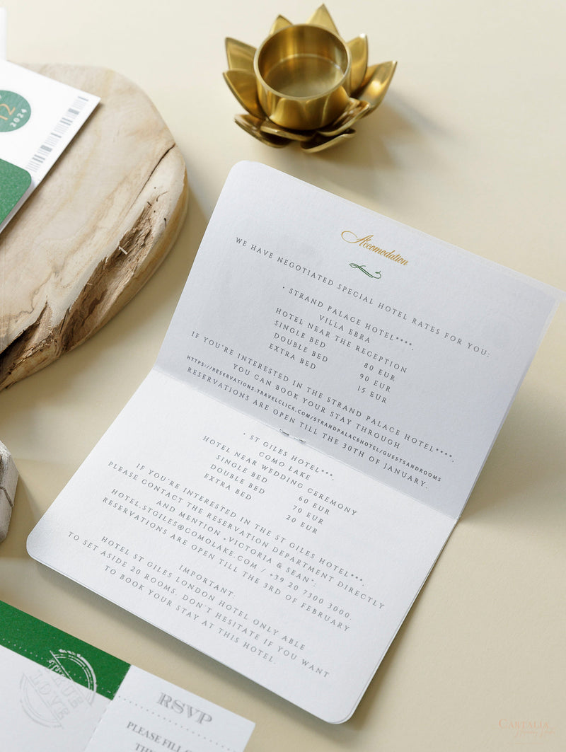 Green Passport Wedding Invitation with Shimmering Foil + Boarding Pass Style Rsvp
