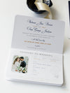 USA / American Passport Navy Wedding Invitation with Shimmering Foil + Boarding Pass Style Rsvp