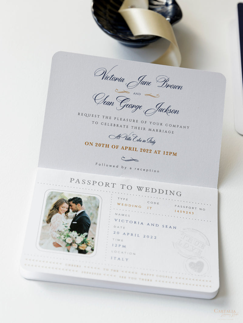 USA / American Passport Navy Wedding Invitation with Shimmering Foil + Boarding Pass Style Rsvp