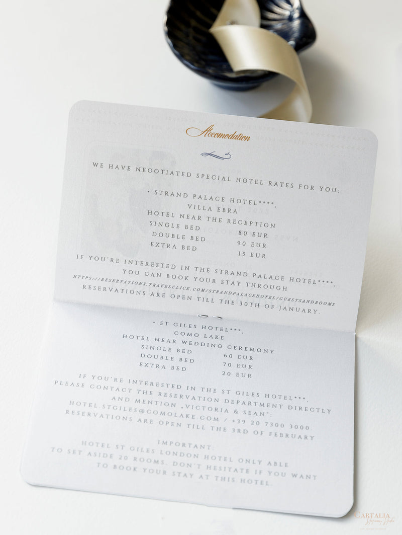 USA / American Passport Navy Wedding Invitation with Shimmering Foil + Boarding Pass Style Rsvp