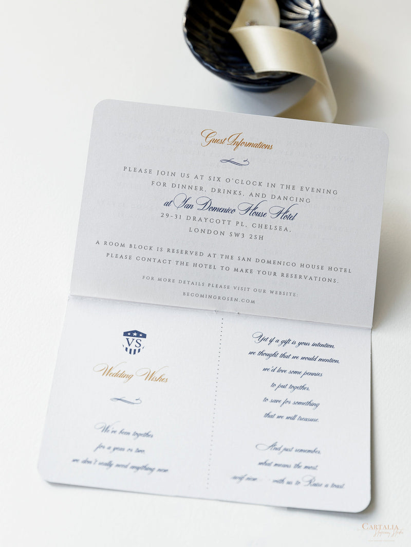 USA / American Passport Navy Wedding Invitation with Shimmering Foil + Boarding Pass Style Rsvp