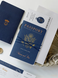 USA / American Passport Navy Wedding Invitation with Shimmering Foil + Boarding Pass Style RSVP