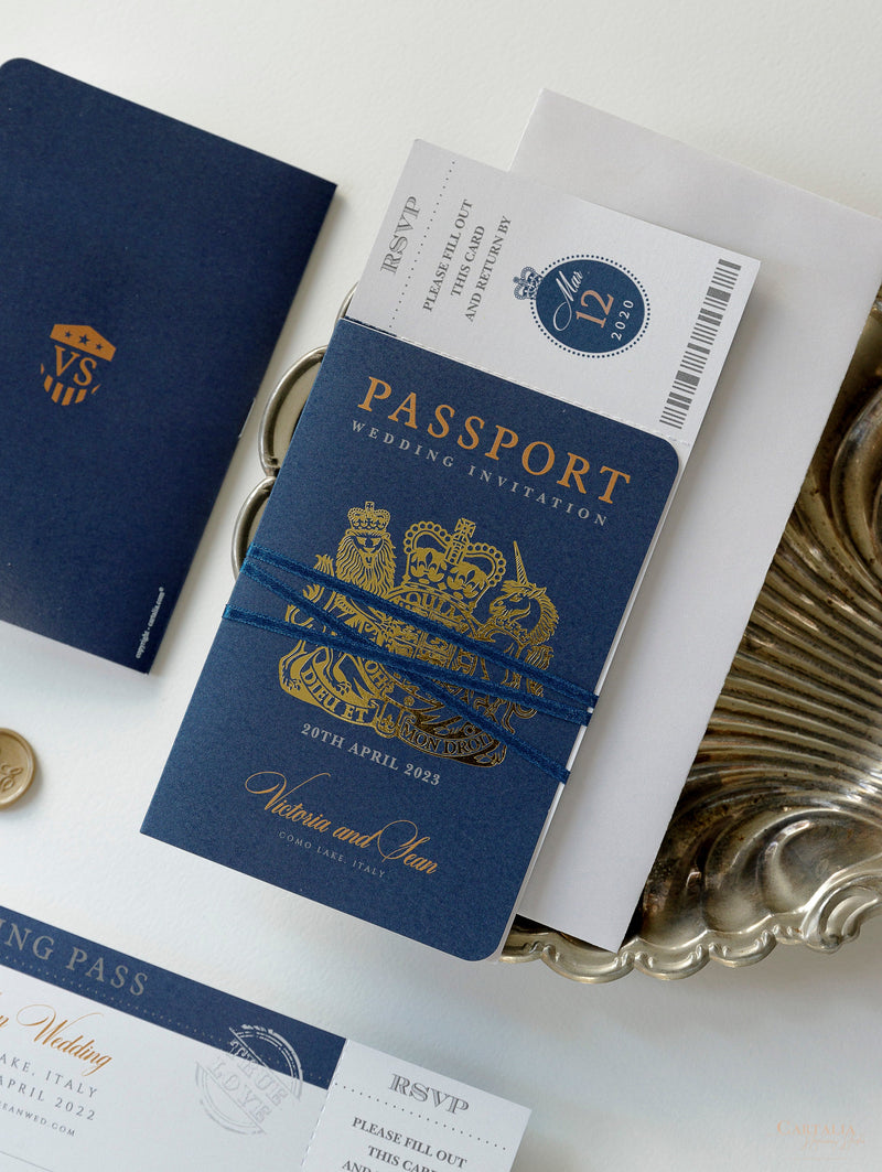 USA / American Passport Navy Wedding Invitation with Shimmering Foil + Boarding Pass Style Rsvp