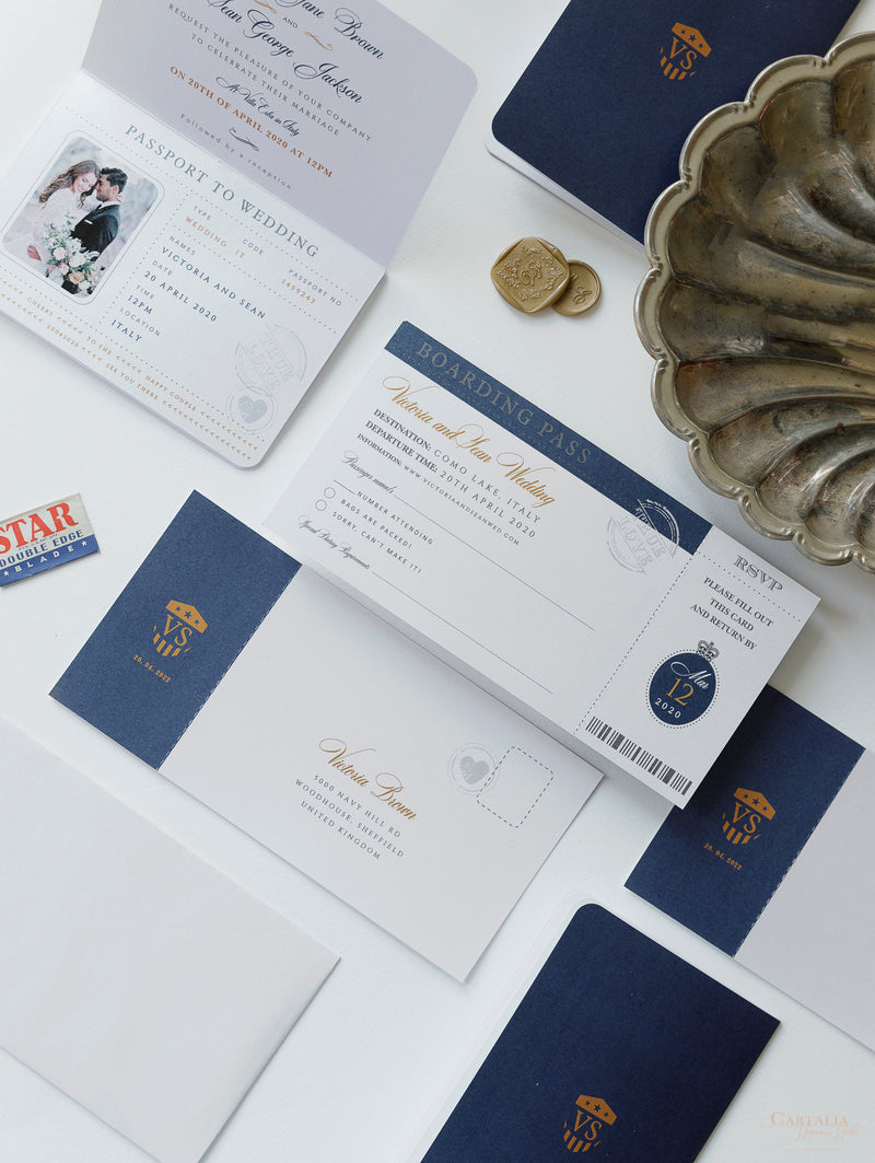 USA / American Passport Navy Wedding Invitation with Shimmering Foil + Boarding Pass Style Rsvp