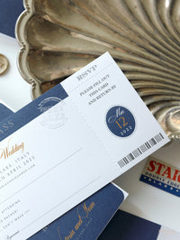 USA / American Passport Navy Wedding Invitation with Shimmering Foil + Boarding Pass Style RSVP