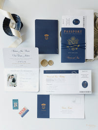 USA / American Passport Navy Wedding Invitation with Shimmering Foil + Boarding Pass Style RSVP