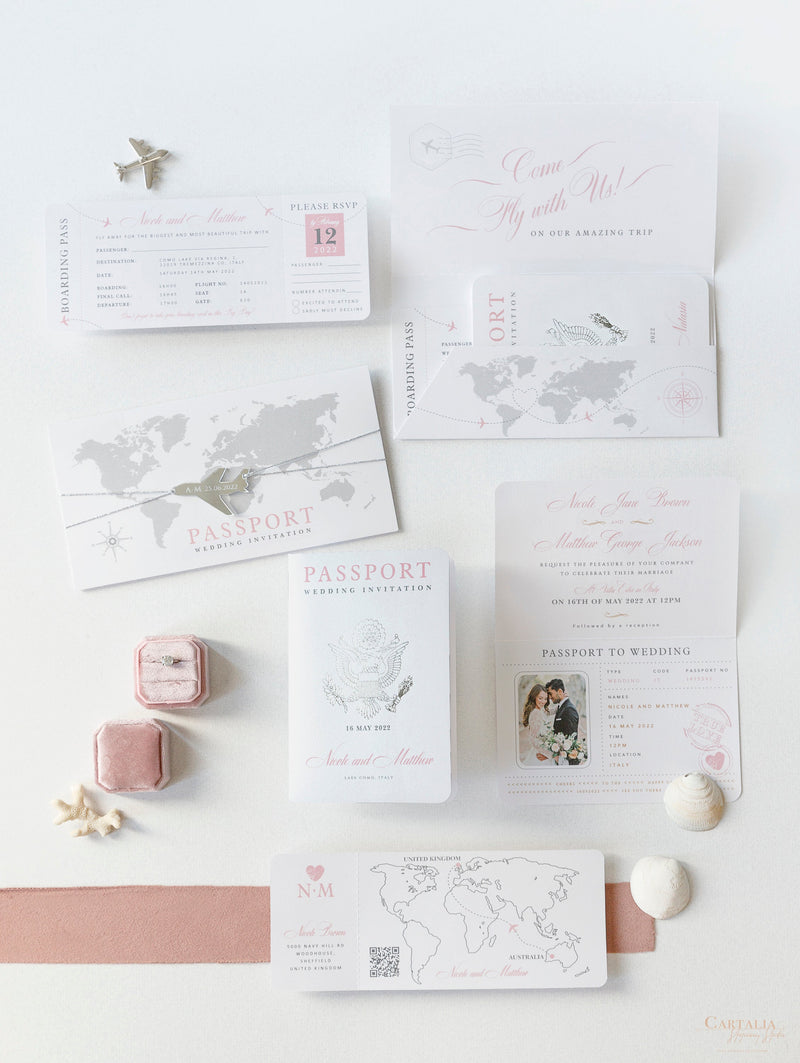 FOLDER Wallet : Luxury Silver Wedding Passport Invite in Pocket & Mirror Plane Tag Passport Invitation Suite