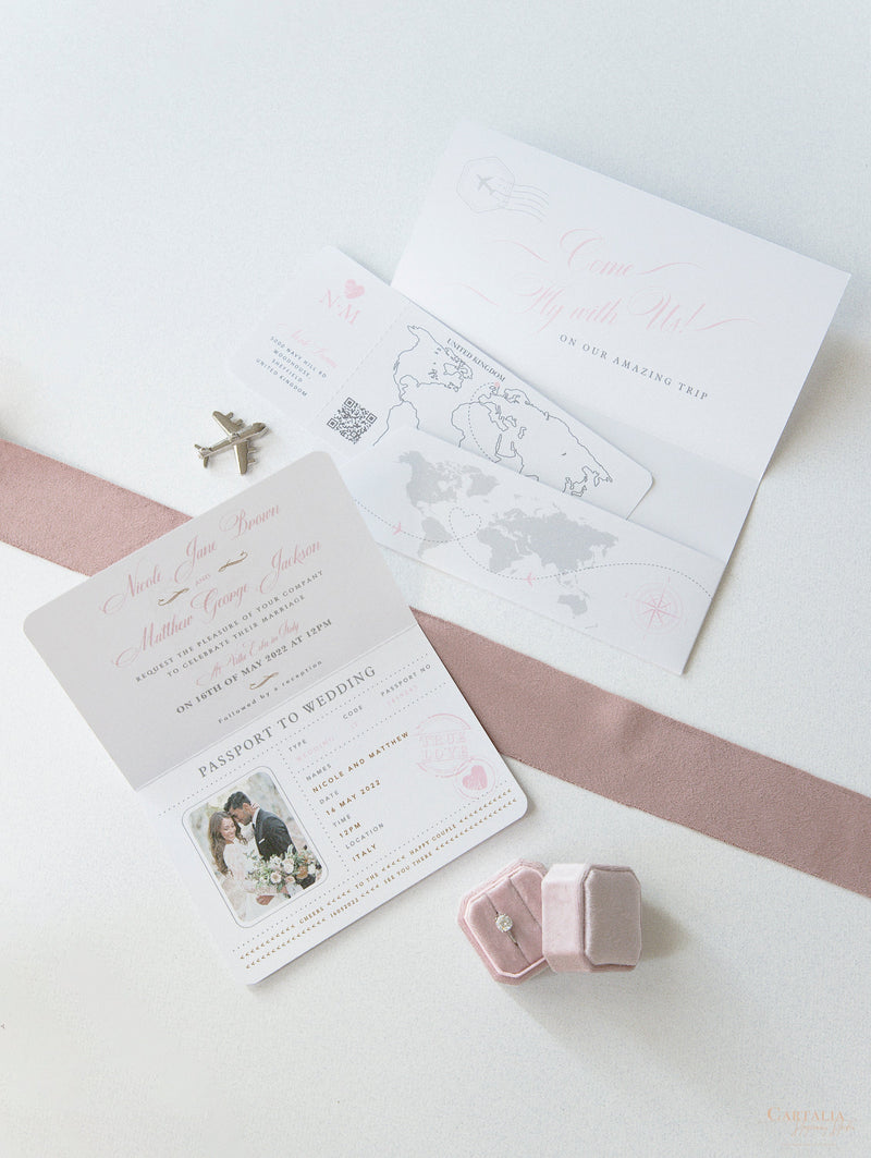 FOLDER Wallet : Luxury Silver Wedding Passport Invite in Pocket & Mirror Plane Tag Passport Invitation Suite