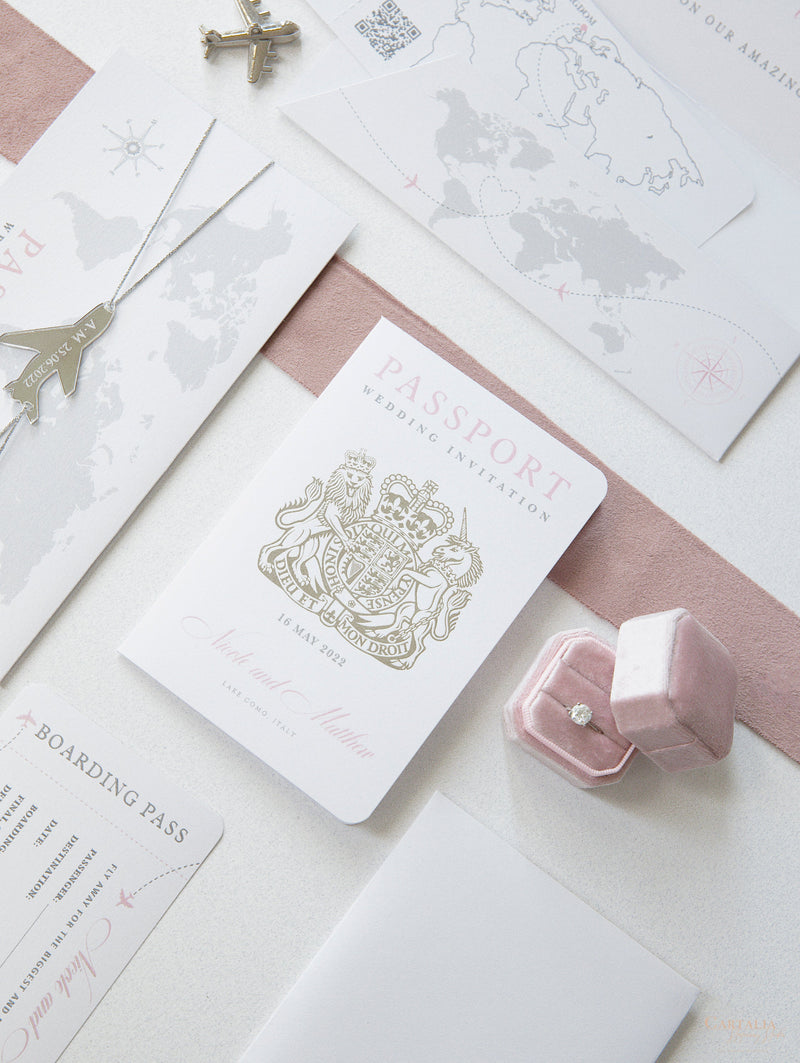 FOLDER Wallet : Luxury Silver Wedding Passport Invite in Pocket & Mirror Plane Tag Passport Invitation Suite