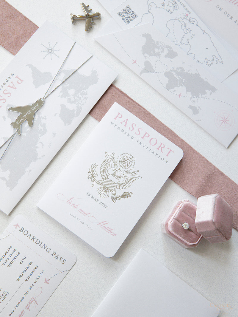 FOLDER Wallet : Luxury Silver Wedding Passport Invite in Pocket & Mirror Plane Tag Passport Invitation Suite
