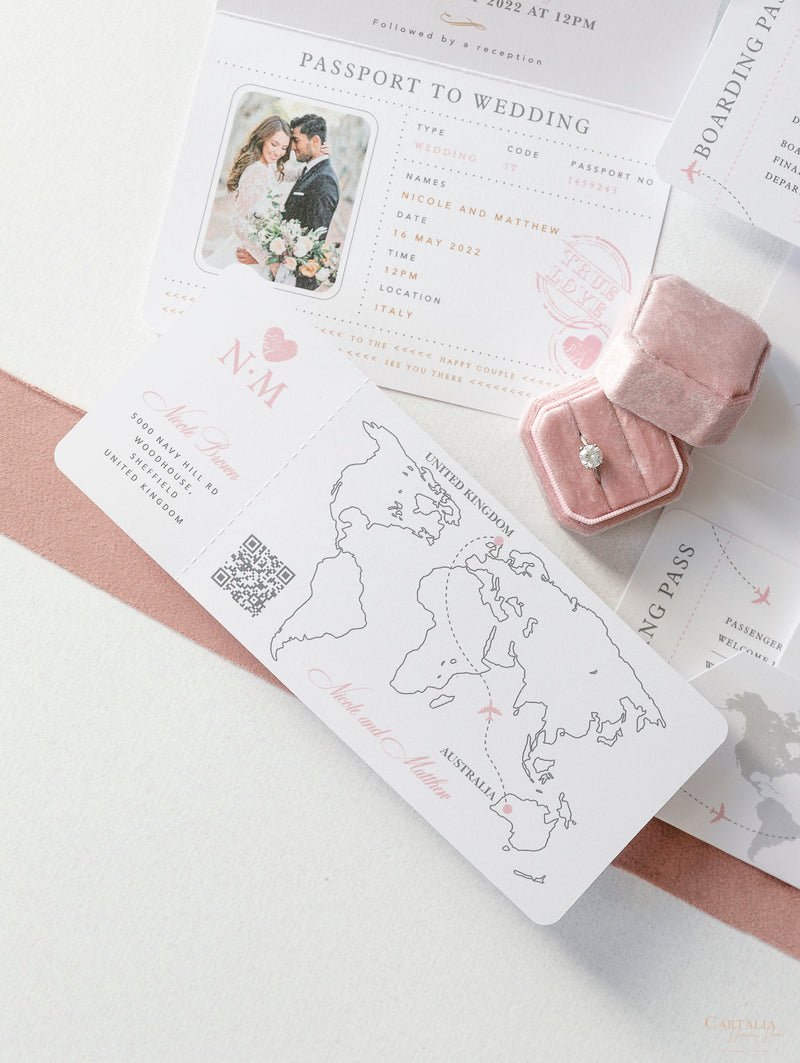 FOLDER Wallet : Luxury Silver Wedding Passport Invite in Pocket & Mirror Plane Tag Passport Invitation Suite