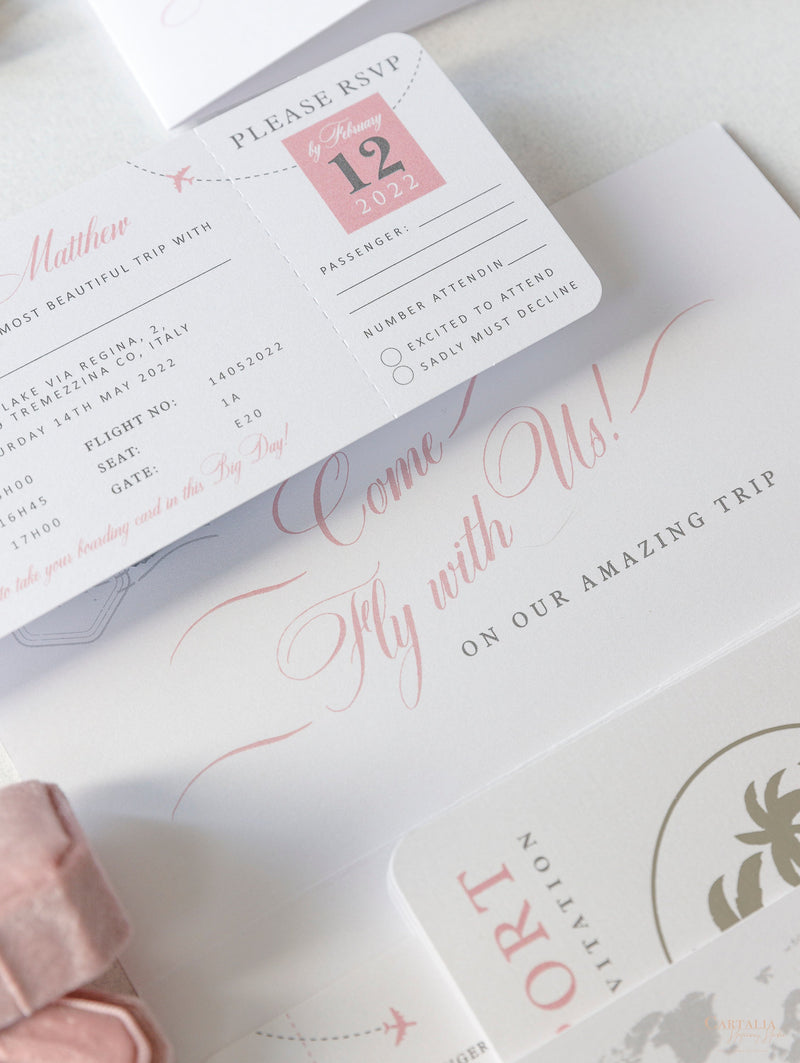 FOLDER Wallet : Luxury Silver Wedding Passport Invite in Pocket & Mirror Plane Tag Passport Invitation Suite