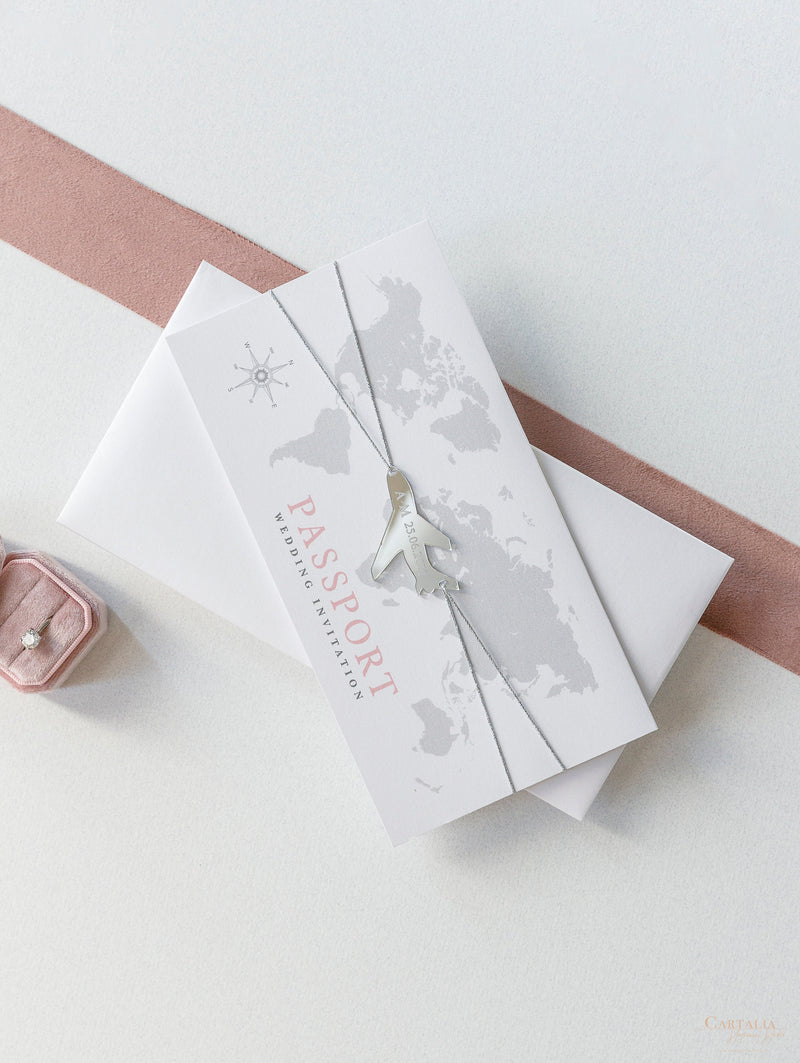 FOLDER Wallet : Luxury Silver Wedding Passport Invite in Pocket & Mirror Plane Tag Passport Invitation Suite