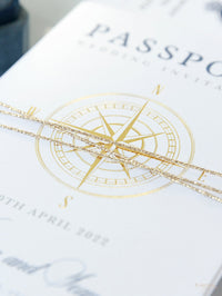 Invitación de boda con pasaporte de brújula internacional, tarjeta de embarque de lámina auténtica, invitación y revestimiento de mapa mundial
