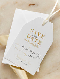 Silver and Blush Passport Luggage Tag Save the Date Card Travel Destination Wedding