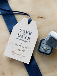 Silver and Blush Passport Luggage Tag Save the Date Card Travel Destination Wedding