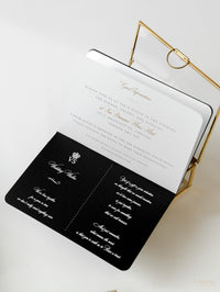 Black Luxury  Passport Wedding Invitation with Bow & Gold Glitter, Real Foil