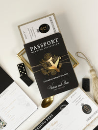 Invitación de boda tipo pasaporte de lujo negro con lazo y purpurina dorada, lámina auténtica