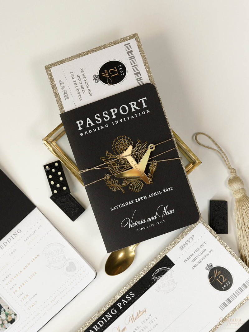 Black Luxury  Passport Wedding Invitation with Bow & Gold Glitter, Real Foil