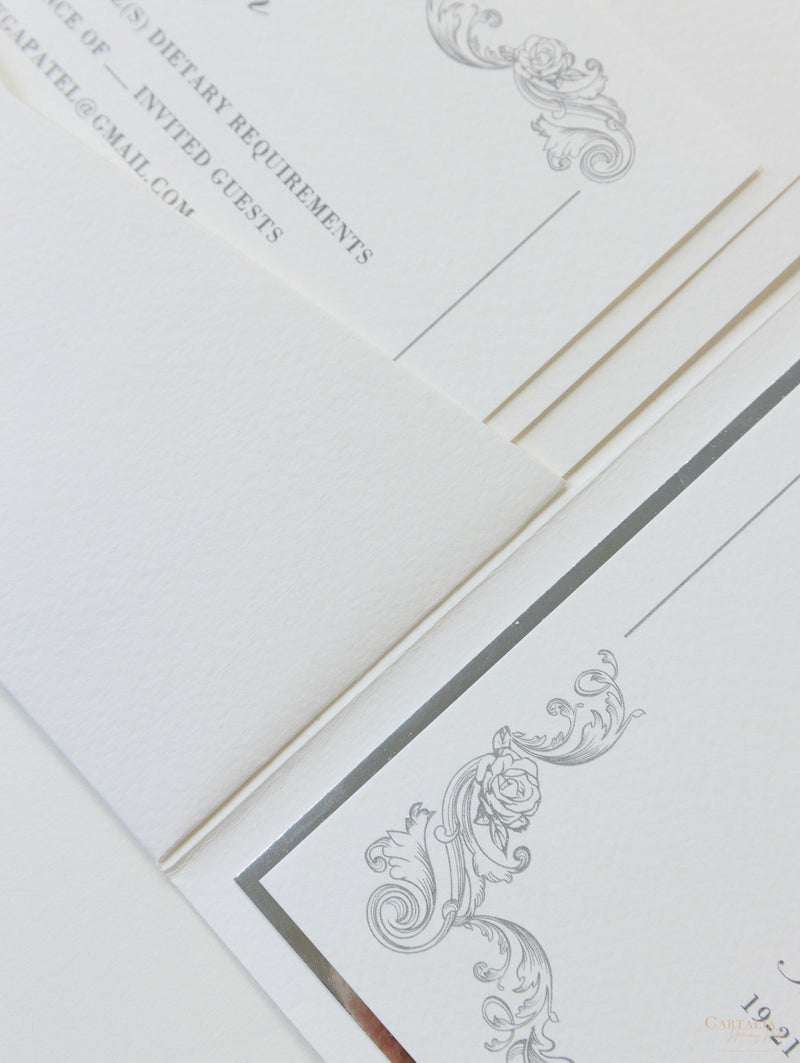Regal Foil Square Folder with Deckled Edge Envelope with Venue Pocket with Foil Monogram Wedding Suite