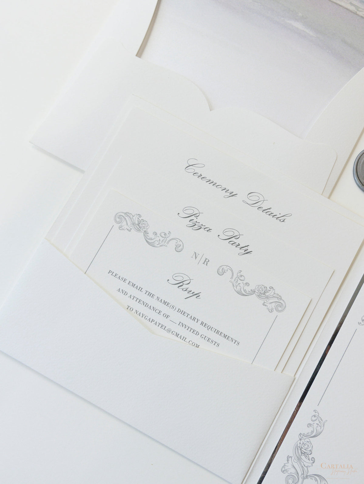 Regal Foil Square Folder with Deckled Edge Envelope with Venue Pocket with Foil Monogram Wedding Suite