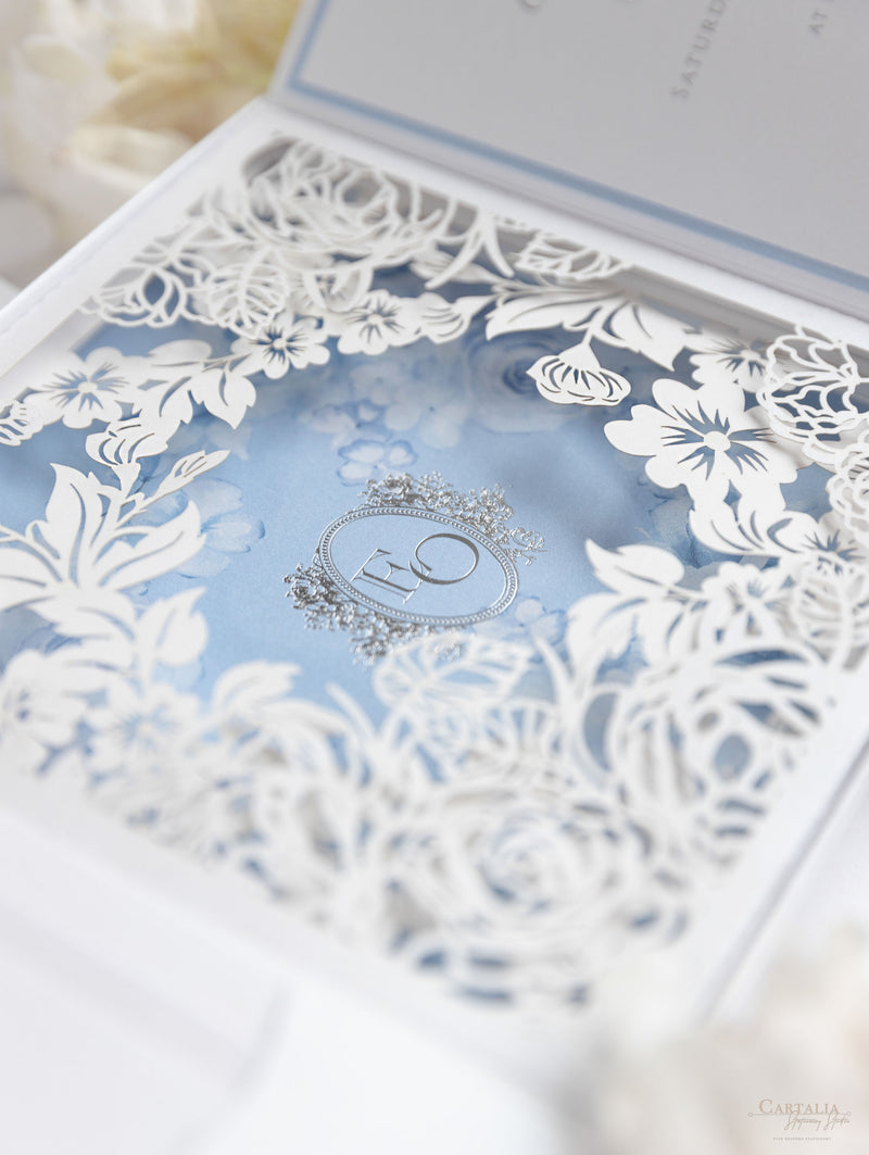 Dusty Blue Couture Bespoke Box : 3D Custom Design in Silver | Bespoke Commission E&O