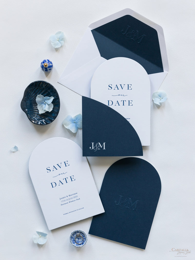 Arch Style Deluxe Navy & White Save the Dates | Bespoke Commission J&M