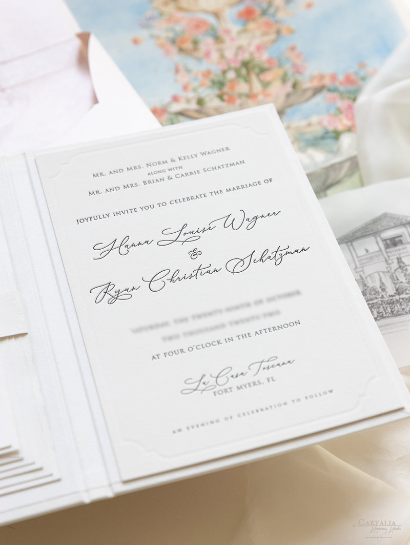 Book Boxed Style Luxury Hand Made Pocket of La Casa Toscana Invitations | Bespoke Commission H&R