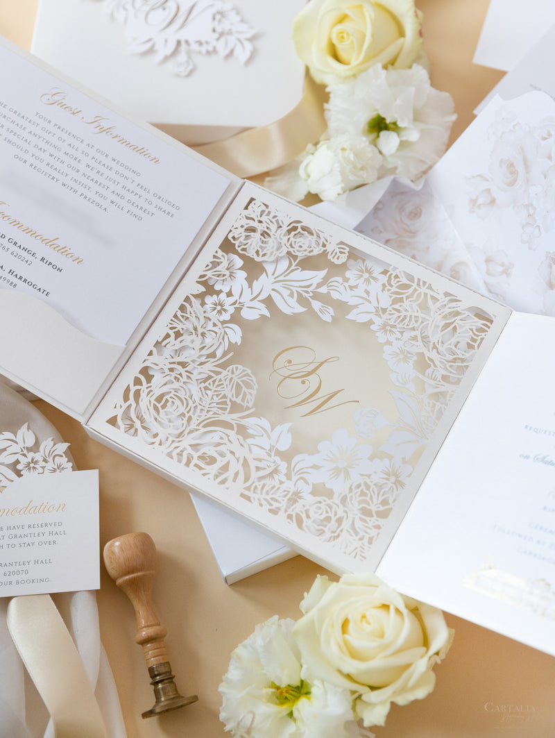 Invitaciones de boda para el lugar de Grantley Hall | Caja a medida de alta costura | Comisión personalizada S&amp;W