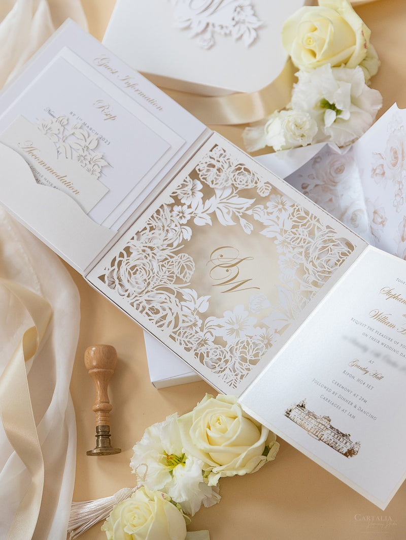 Invitaciones de boda para el lugar de Grantley Hall | Caja a medida de alta costura | Comisión personalizada S&amp;W