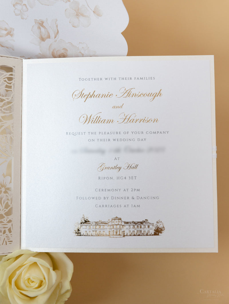 Invitaciones de boda para el lugar de Grantley Hall | Caja a medida de alta costura | Comisión personalizada S&amp;W