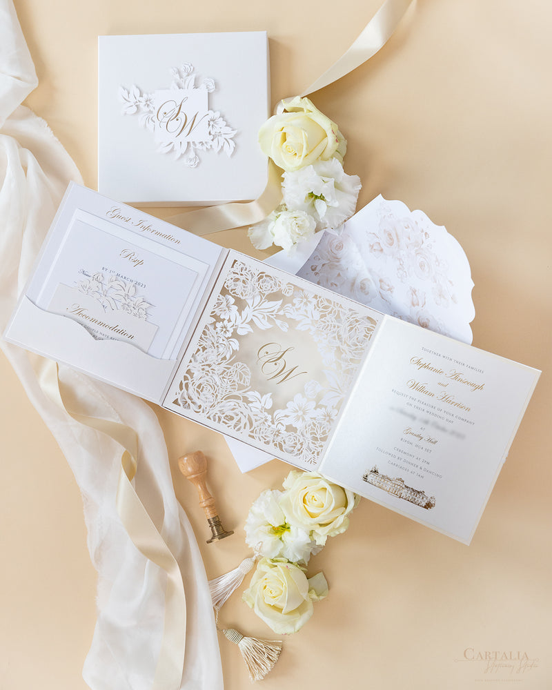 Invitaciones de boda para el lugar de Grantley Hall | Caja a medida de alta costura | Comisión personalizada S&amp;W