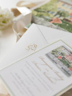 Custom Watercolour Wedding Venue Invitation with Gold Foil |  Villa Regina Teodolinda | Lake Como