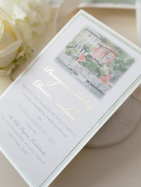 Custom Watercolour Wedding Venue Invitation with Gold Foil |  Villa Regina Teodolinda | Lake Como