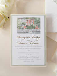 Invitación personalizada al lugar de la boda en acuarela con lámina dorada | Villa Regina Teodolinda | Lago Como