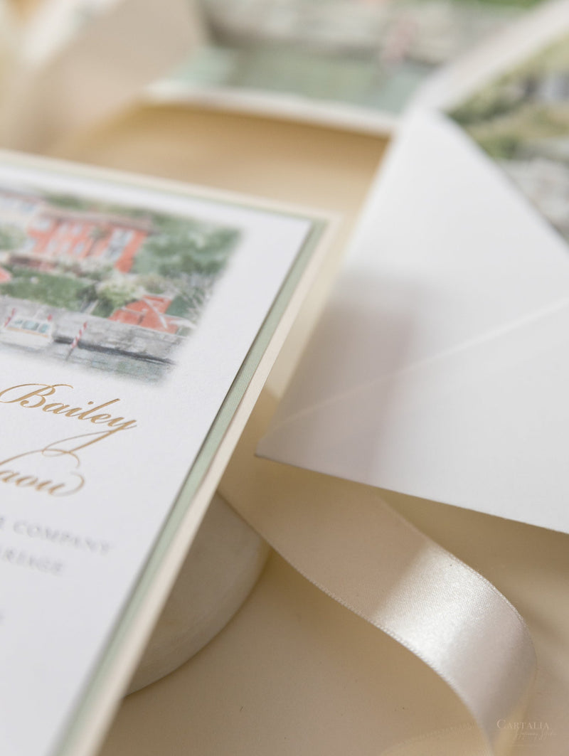 Custom Watercolour Wedding Venue Invitation with Gold Foil |  Villa Regina Teodolinda | Lake Como