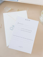 Custom Wedding Venue Illustration |  Foiled Venue Invitation Pocket Suite with Dusty Blue & Gold Foil Touches