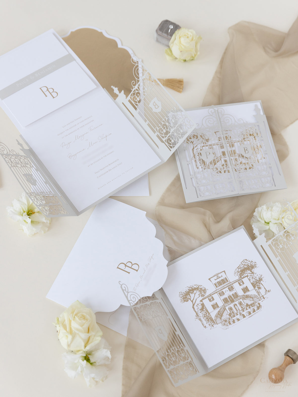 Villa Valentini Bonaparte | Ornamental Gate Foiled Venue Wedding Invitation | Bespoke Commission P&B