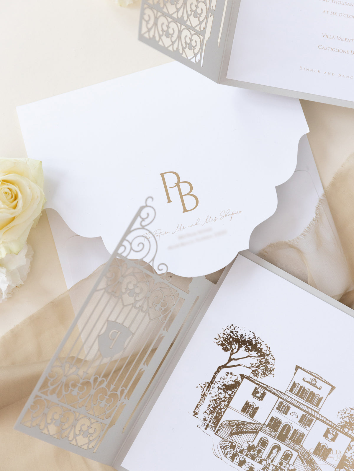 Villa Valentini Bonaparte | Invitación de boda frustrada con puerta ornamental | Comisión personalizada P&amp;B