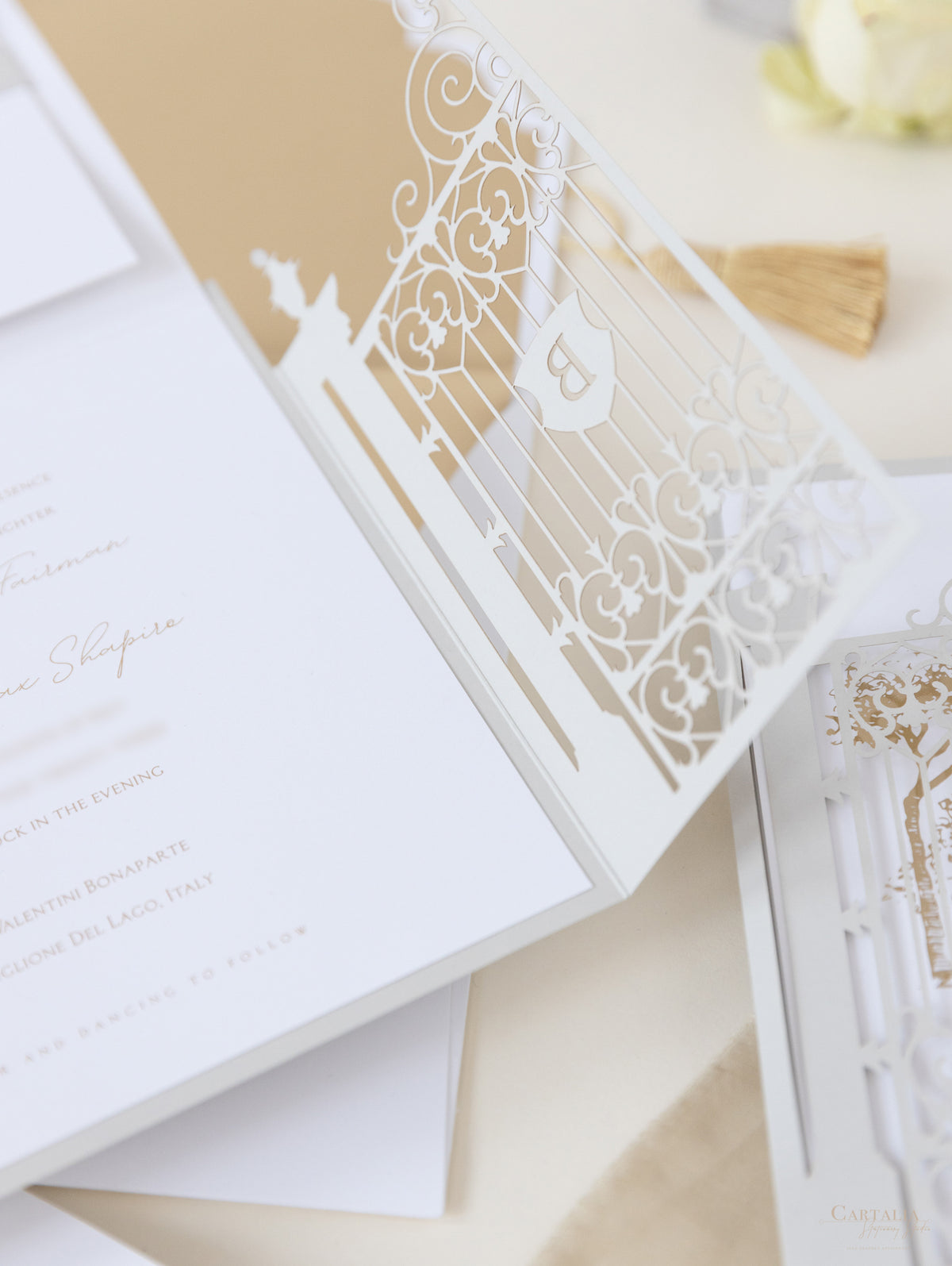 Villa Valentini Bonaparte | Ornamental Gate Foiled Venue Wedding Invitation | Bespoke Commission P&B