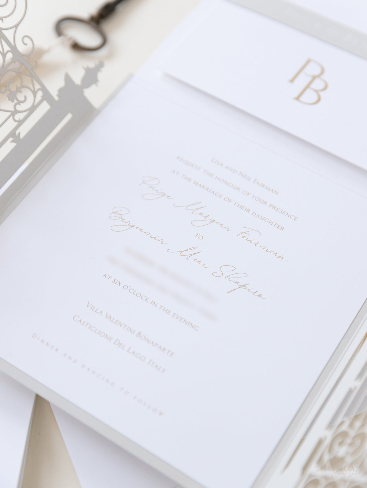 Villa Valentini Bonaparte | Invitación de boda frustrada con puerta ornamental | Comisión personalizada P&amp;B