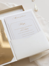 Luxury Boxed Wedding Invitation Pocket Envelope & Wax Seal and Modern Mirror Gold Plexi Wedding Invitation with Rsvp & Menu Options