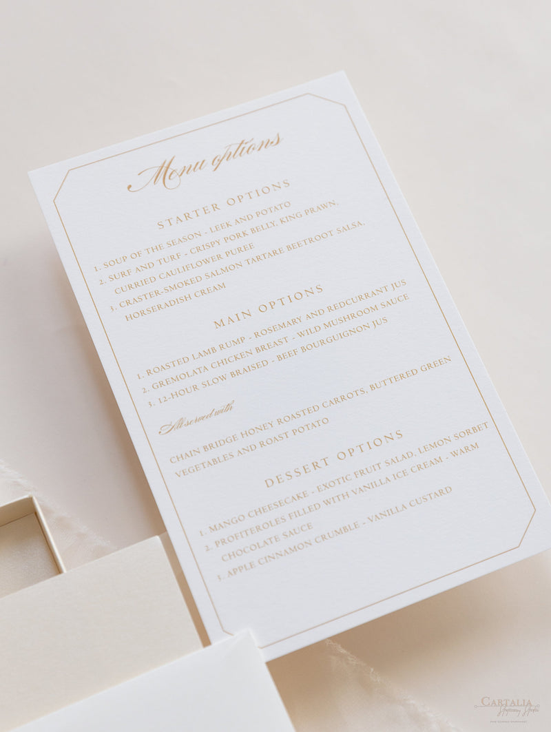 Luxury Boxed Wedding Invitation Pocket Envelope & Wax Seal and Modern Mirror Gold Plexi Wedding Invitation with Rsvp & Menu Options