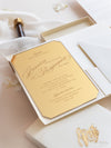 Luxury Boxed Wedding Invitation Pocket Envelope & Wax Seal and Modern Mirror Gold Plexi Wedding Invitation with Rsvp & Menu Options