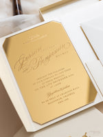 Luxury Boxed Wedding Invitation Pocket Envelope & Wax Seal and Modern Mirror Gold Plexi Wedding Invitation with Rsvp & Menu Options